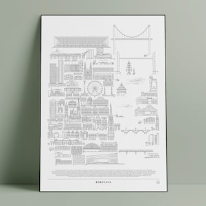 Affiche carte de Bordeaux, Illustration d'architecture, Plan de ville, Décoration murale graphique, Cadeau