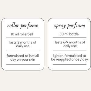 May include: Two white rectangular cards with rounded corners. The left card says "roller perfume" and lists a 10 ml rollerball that lasts 2 months of daily use. The right card says "spray perfume" with a 50 ml bottle lasting 6-9 months.
