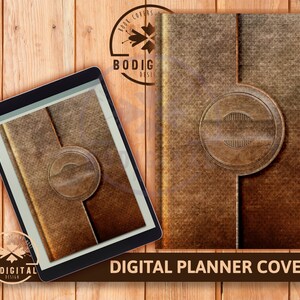 May include: Digital planner cover with a brown leather texture and a circular design with a horizontal line in the center. The cover has a distressed look and a vintage feel.