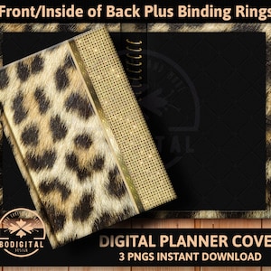 May include: Digital planner cover featuring a leopard print design with a gold glitter border and black background. The cover is designed for use with a planner with binding rings.