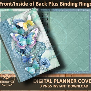 May include: Digital planner cover featuring a watercolour design of butterflies and flowers in shades of blue and purple. The cover has a textured background and a ring binding.