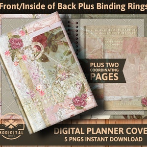 Puede incluir: Portada de agenda digital con un diseño floral y detalles de encaje. La portada presenta una combinación de colores rosa y blanco con una estética vintage. El texto "PLUS TWO COORDINATING PAGES" está incluido en la portada.
