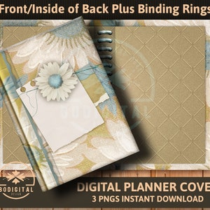 May include: A digital planner cover with a floral design featuring a white daisy with a blue center. The cover has a distressed, vintage look with a light brown background and a white paper tag with a torn edge. The text "Front/Inside of Back Plus Binding Rings" is at the top of the image. The text "DIGITAL PLANNER COVER" and "3 PNGS INSTANT DOWNLOAD" is at the bottom of the image.