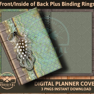 Pode incluir: Capa de planejador digital com fundo de madeira, design verde e dourado e uma pena com pontos brancos. O texto "DIGITAL PLANNER COVER" e "3 PNGS INSTANT DOWNLOAD" está na parte inferior da imagem.