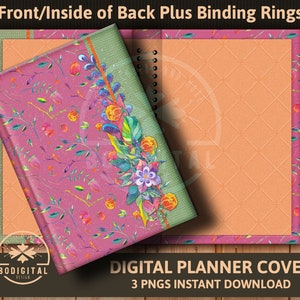 May include: A digital planner cover with a floral design. The cover is a vibrant pink with a repeating pattern of leaves and flowers. The spine is green with a floral accent. The inside pages are peach-colored. Text on the cover reads "DIGITAL PLANNER COVER 3 PNGS INSTANT DOWNLOAD."