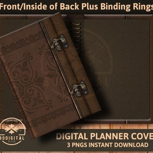 May include: A digital planner cover with a brown leather design. The front cover features a decorative pattern and the back cover has a textured, woven pattern. The cover is designed to be used with a planner that has binding rings.