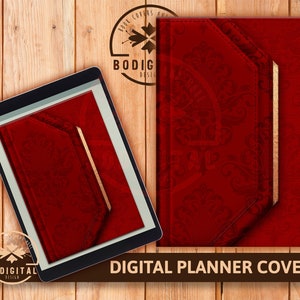 May include: Red digital planner cover with a gold border and a damask pattern. The cover is displayed on a tablet screen and a larger version of the cover is shown next to it. The text "DIGITAL PLANNER COVER" is displayed below the image.
