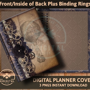 Pode incluir: Uma capa de planner digital com um design steampunk que apresenta um balão de ar quente, engrenagens e uma combinação de cores azul escuro e marrom. O texto "DIGITAL PLANNER COVER" e "3 PNGS INSTANT DOWNLOAD" é visível na parte inferior da imagem.