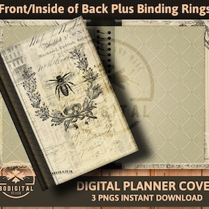 May include: Digital planner cover with a vintage floral design featuring a bee and a wreath. The cover is a light brown with a textured background. The text "DIGITAL PLANNER COVER" and "3 PNGS INSTANT DOWNLOAD" is printed on the bottom of the image.