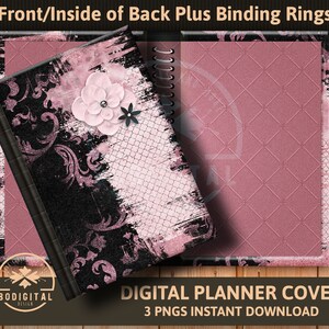 Digitalt kalenderomslag, Goodnotes, anteckningsbok, öppet kalenderomslag, rosa svart kalender, digital bok, nedladdning av omslag, PNG, iPad-kalender, blommig