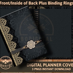 May include: Black and gold digital planner cover featuring a lace design and a decorative metal embellishment. The cover has a textured background and the text "BODIGITAL DESIGN" is visible in the bottom left corner. The text "DIGITAL PLANNER COVER" and "3 PNGS INSTANT DOWNLOAD" is visible at the bottom of the image.