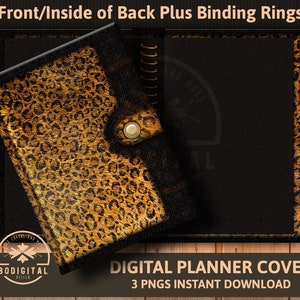 May include: Digital planner cover featuring a leopard print design with gold accents. The cover is designed for use with a standard size planner and includes binding rings. The cover is available for instant download as three PNG files.