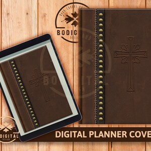 May include: Digital planner cover with a brown leather texture and a cross design. The cover has a decorative border with gold studs.