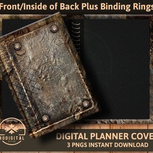 May include: Digital planner cover with a distressed leather design. The cover features a dark brown background with a textured pattern and a black spine with a coil binding. The text "DIGITAL PLANNER COVER" and "3 PNGS INSTANT DOWNLOAD" is printed on the bottom of the image.