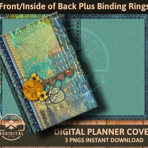 May include: A digital planner cover with a blue, green, and yellow patchwork design. The cover features a floral motif and the text "Front/Inside of Back Plus Binding Rings".
