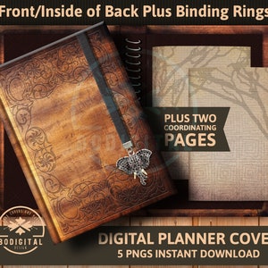 May include: A digital planner cover with a vintage, embossed leather design. The cover is brown with intricate floral patterns and a black bookmark with an elephant charm. Includes two coordinating pages. Text reads "DIGITAL PLANNER COVER 5 PNGS INSTANT DOWNLOAD."