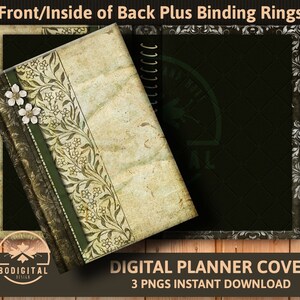 May include: Digital planner cover with a floral design and a green and gold color scheme. The cover has a vintage look and feel. The text "Front/Inside of Back Plus Binding Rings" is at the top of the image. The text "BODIGITAL DESIGN" is at the bottom left of the image. The text "DIGITAL PLANNER COVER" is at the bottom center of the image. The text "3 PNGS INSTANT DOWNLOAD" is at the bottom right of the image.