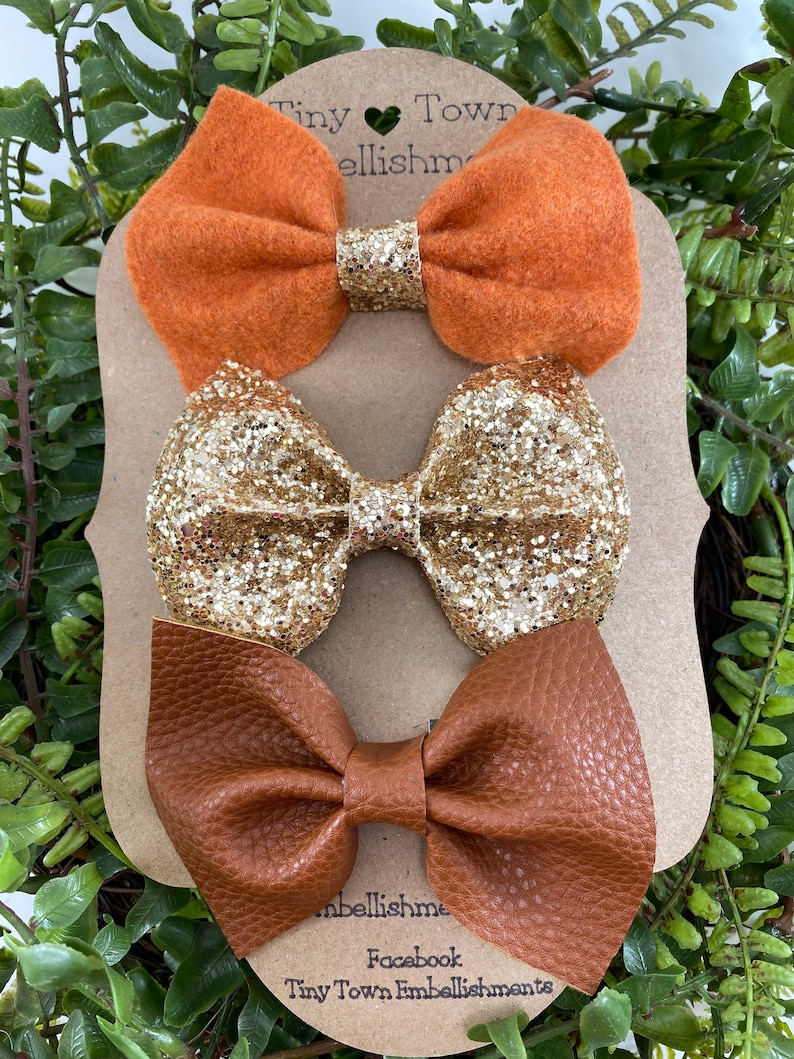Terracotta /& Tan Glitz Bows-Felt Bows-Toddler Bows-Back To School-Baby Girl-Baby Girl Bows-Clip In Bow-Faux Leather Bows