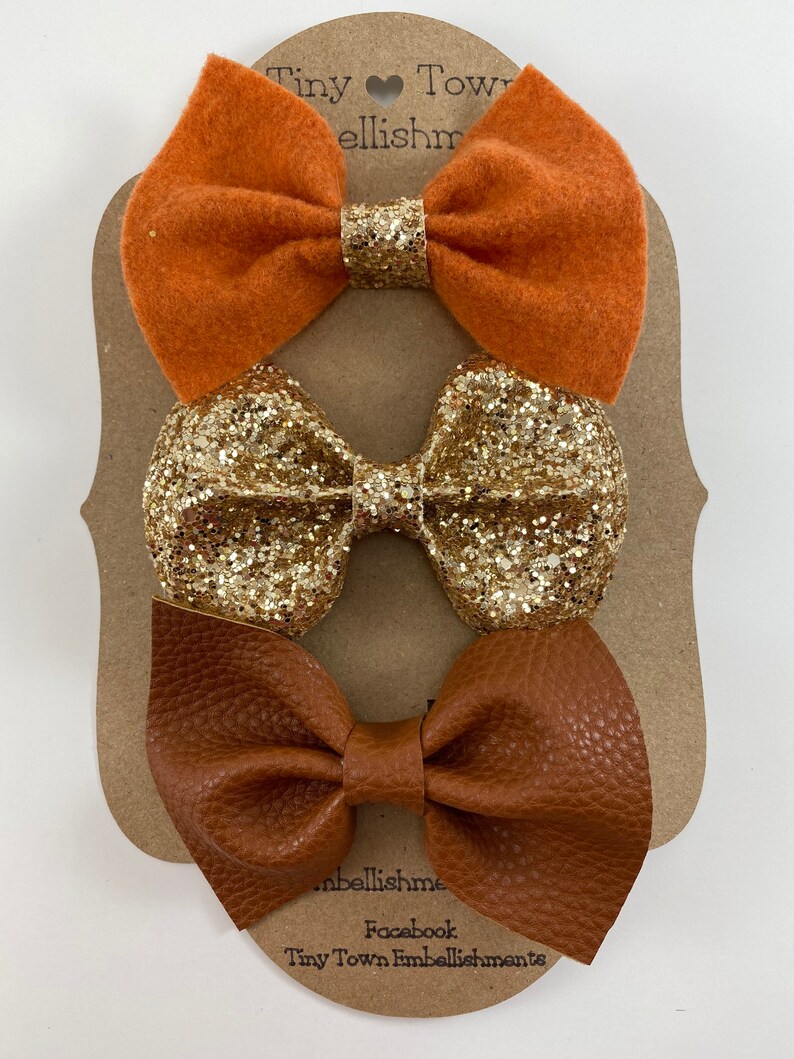 Terracotta /& Tan Glitz Bows-Felt Bows-Toddler Bows-Back To School-Baby Girl-Baby Girl Bows-Clip In Bow-Faux Leather Bows