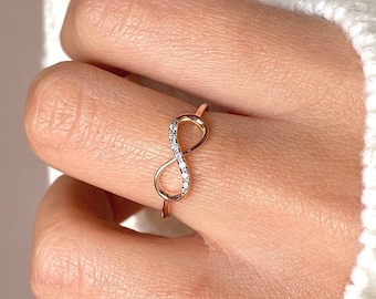 Diamond Infinity Ring, 14k Rose Gold Stacking Dainty Ring, Criss Cross Diamond Ring, 14k Diamond Love Ring, Tiny Infinity Ring For Women