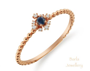 14k Sapphire Diamond Ring, Blue Sapphire Diamond Ring, Diamond Woman Gold Ring, Stackable Gold Ring, Engagement Ring, Dainty Sapphire Ring