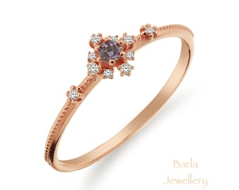 14k Rose Gold Purple Tourmaline Diamond Ring: Minimalist Stackable Band