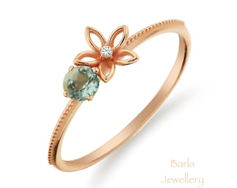 14k Rose Gold Aquamarine Flower Ring with Diamond Accent