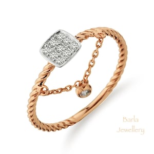 Diamond Dangle Ring, Rose Gold Ring, 14k Gold Dangle Diamond Ring, Diamond Gold Women Ring, Stackable Gold Ring, Engagement Ring, For Her