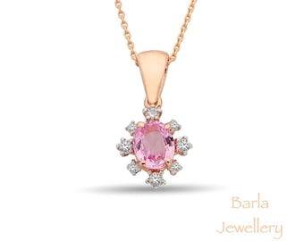 14k Rose Gold Pink Sapphire Necklace: Diamond Halo Pendant