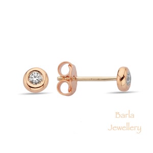 Diamond Stud Earrings, 14k Gold Bezel Setting Diamond Stud Earrings, Tiny Diamond Stud Earrings, Rose Gold Genuine Diamond Stud Earrings