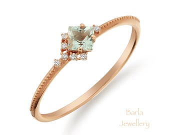 Aquamarine Ring, Princess Cut Aquamarine and Diamond Ring, Rose Gold Ring, Aquamarine Engagement Ring In 14k Gold, Promise Ring, For Her