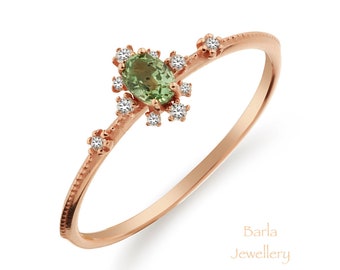Oval Green Sapphire and Diamond Ring, 14k Rose Gold Promise Ring