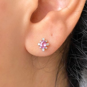 Oval Pink Sapphire Earrings,14k Solid Gold Natural Earrings, Sapphire And Diamond Studs, Rose Gold Gemstone Earrings, Sapphire Jewelry