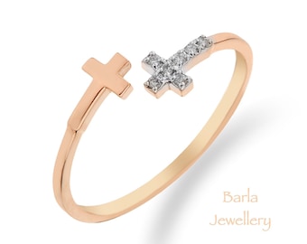 14k Rose Gold Diamond Open Cross Ring: Religious Stackable Ring
