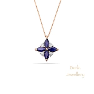 Sapphire Pendant, 14k Floral Design Marquise Sapphire Pendant with Diamonds, Natural Sapphire Charm Necklace, Sapphire Cluster Necklace