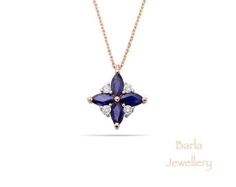 14k Rose Gold Floral Sapphire Pendant Necklace with Diamonds