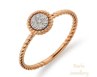 14k Rose Gold Diamond Ring: Twisted Band, Dainty Handmade Ring