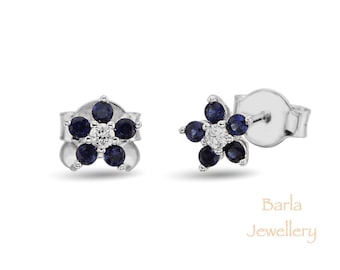 Sapphire Earrings, 14k Gold Diamond and Sapphire Cluster Stud Earrings, Flower Sapphire and Diamond Stud, Natural Blue Sapphire Stud