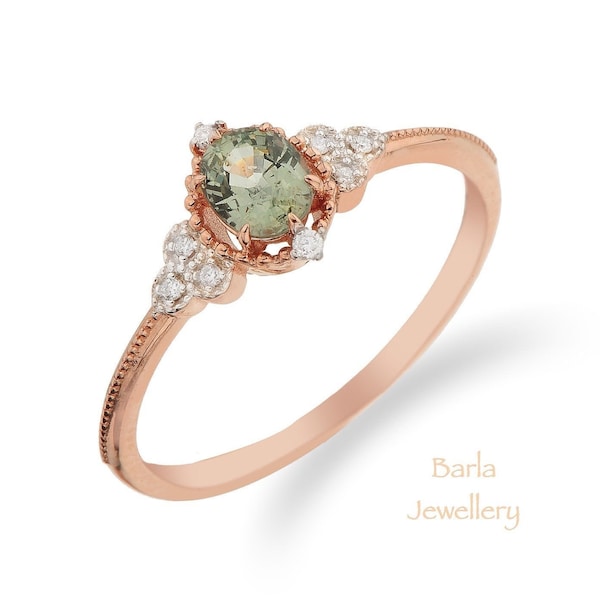 Anillo de diamante y zafiro verde ovalado, anillo de compromiso de zafiro de oro de 14 k, anillo de diamante de zafiro natural, anillo de promesa de oro, venta de viernes negro