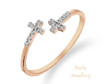 14k Rose Gold Diamond Open Cross Ring: Religious Stackable Ring