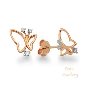 Diamond Butterfly Earring, 14k Gold Earring, Solid Gold Butterfly Earring, Tiny Butterfly Diamond Earring, Diamond Rose Gold Earring, Studs