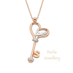 Collar de oro de 14 quilates con letras y diamantes, collar de amor, collar con llave de diamantes, joyería con monograma personalizado, llave de corazón, oferta de San Valentín