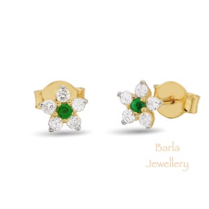 Emerald Earrings, 14k Gold Diamond and Emerald Cluster Stud Earrings, Flower Emerald and Diamond Stud, Natural Green Emerald Stud, For Her