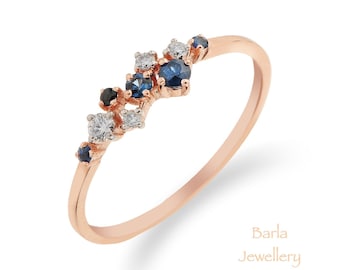 Blue Sapphire Ring, Sapphire and Diamond Cluster Ring, Unique Sapphire Stackable Ring, Genuine Sapphire, Sapphire Jewelry, Black Friday Sale