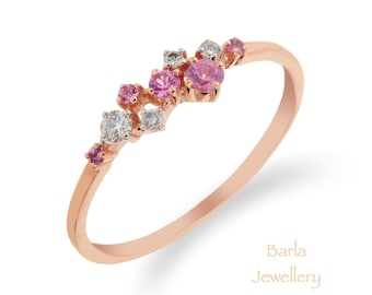 Pink Sapphire Ring, Sapphire and Diamond Cluster Ring, Unique Sapphire Stackable Ring, Genuine Pink Sapphire, Sapphire Jewelry, Gift For Her