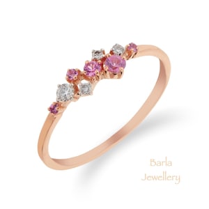 Pink Sapphire Ring, Sapphire and Diamond Cluster Ring, Unique Sapphire Stackable Ring, Genuine Pink Sapphire, Sapphire Jewelry, Gift For Her