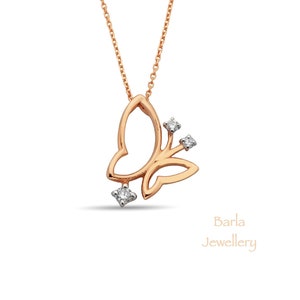 Diamond Butterfly Necklace, 14k Gold Necklace, Solid Gold Butterfly Necklace, Tiny Butterfly Diamond Pendant, Diamond Rose Gold Necklace