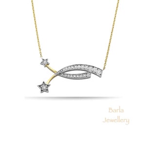 Diamond Star Necklace, 14k Gold Double Star Layering Necklace, Star Charm Necklace, Tiny Star Diamond Pendant, Diamond Choker Necklace