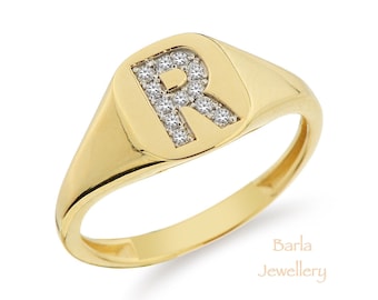 14k Gold Diamond Signet Initial Ring, Diamond Initial Ring, Personalized Diamond Ring, Monogram Personalized Jewelry, Gold Signet Ring