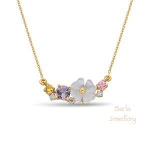 14k Solid Gold Flower Necklace, Dainty Diamond and Sapphire Flower Necklace, Flower Diamond Pendant, Unique Sapphire Flower Pendant, For Her